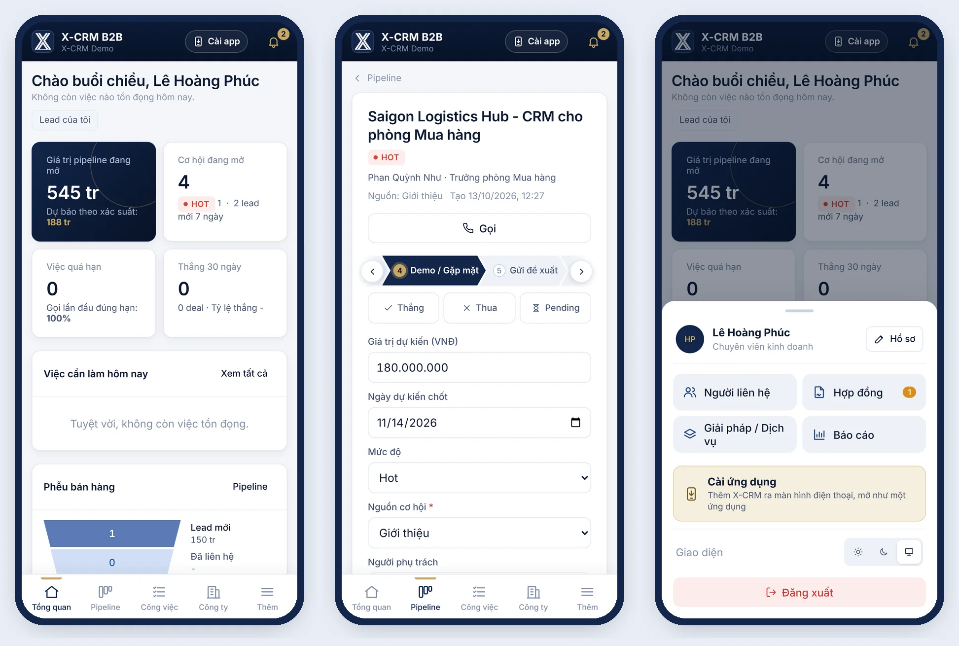 Giao diện X-CRM B2B trên điện thoại